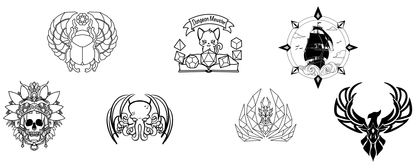 nomi dei design: in alto- Sacrabeo, Dungeon Mewster, Nave; in basso - Azteco, Cthulhu, Drago Geometrico, Fenice